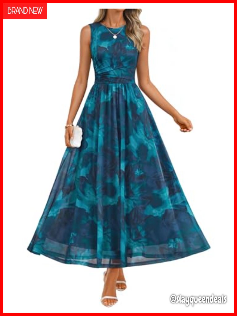 Women's Sleeveless Floral Maxi Dress Summer Casual Crew Neck Mesh A Line Flowy